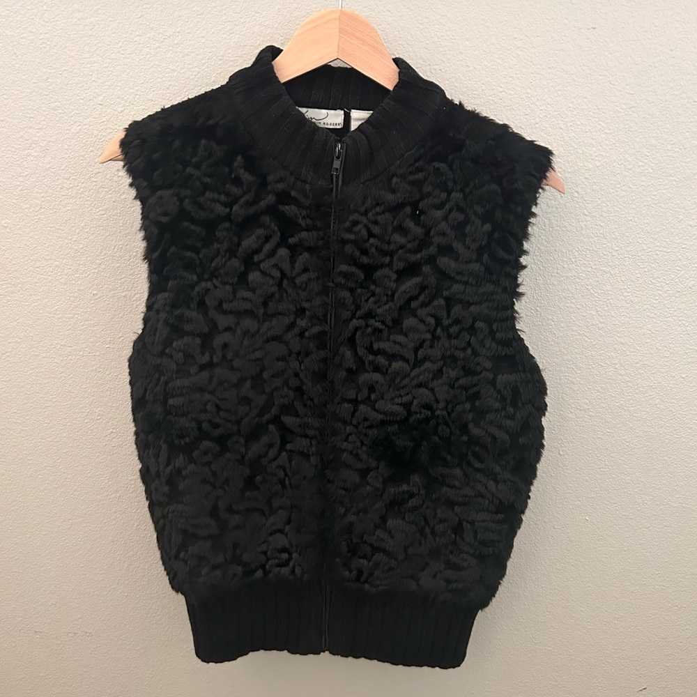 Kim Rogers Faux Fur Vest Womens Large Black Ribbed Knit Back Full Zip Mock Neck